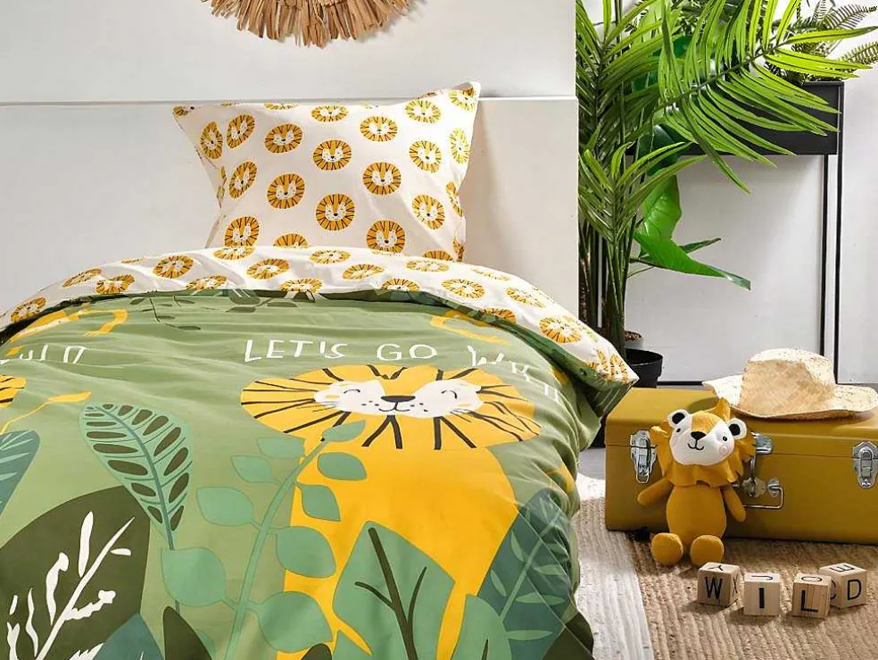 Dekbedovertrek Voor Kinderen Van Katoen 57 Draden /Cm - Dekbedhoes 140 X 200 Cm + 1 Kussensloop 63 X 63 Cm - Junglemotief - Junglia