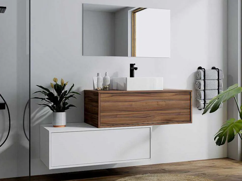 Donker Naturel En Wit Hangend Badkamermeubel Met Enkele Wastafel En Twee Lades - 94 Cm - Teana Ii
