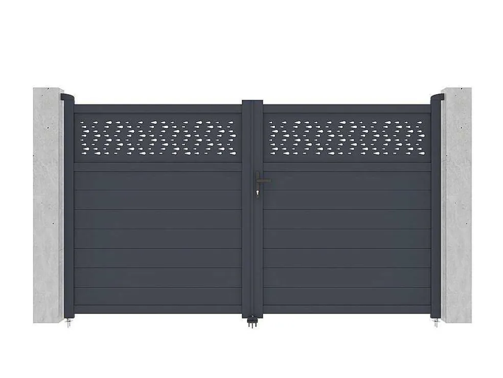 Draaipoort Van Aluminium Met Motieven - Halfopengewerkt - L. 305 X H. 182 Cm - Antraciet - Bazio