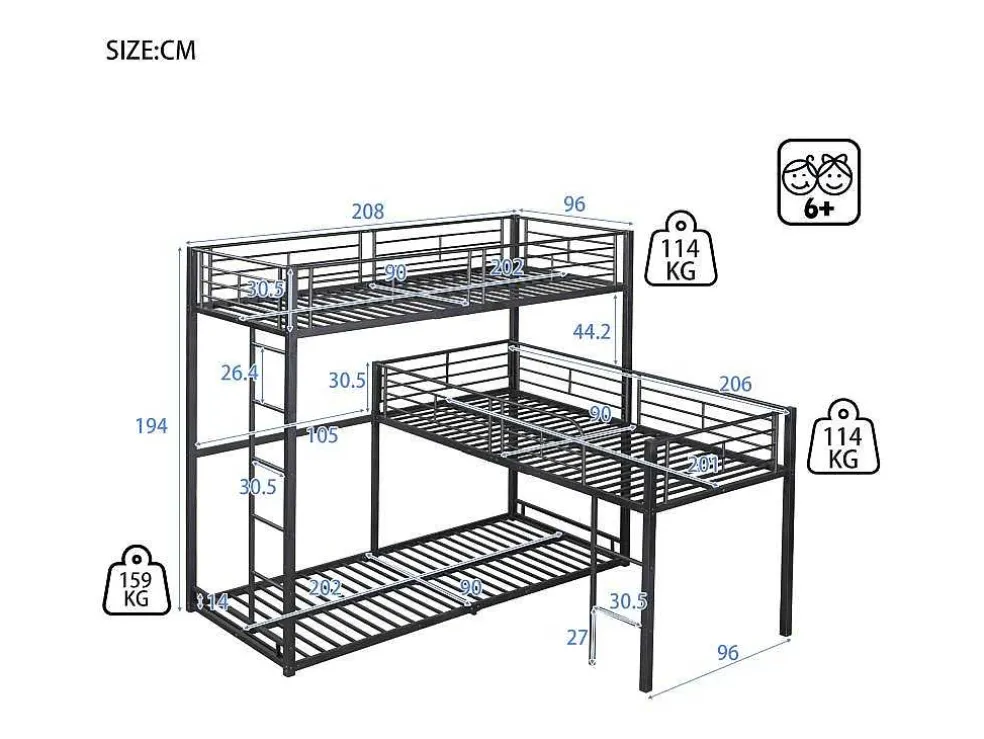 Driedubbele Stapelbedden 90 X 200 Cm - Hoge Reling En Ladder - Metaal - Zwart