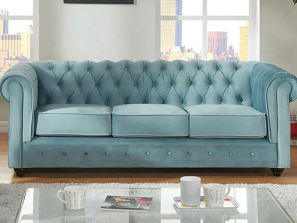 Drie- En Tweezitsbank Van Pastelblauw Velours Chesterfield