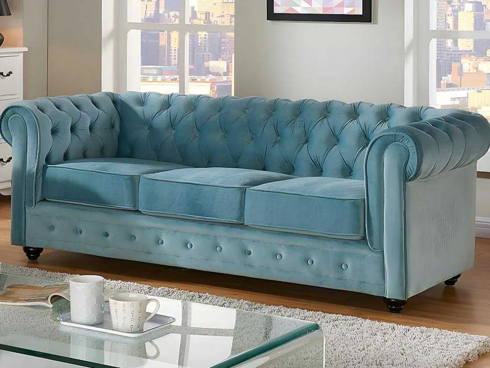 Drie- En Tweezitsbank Van Pastelblauw Velours Chesterfield