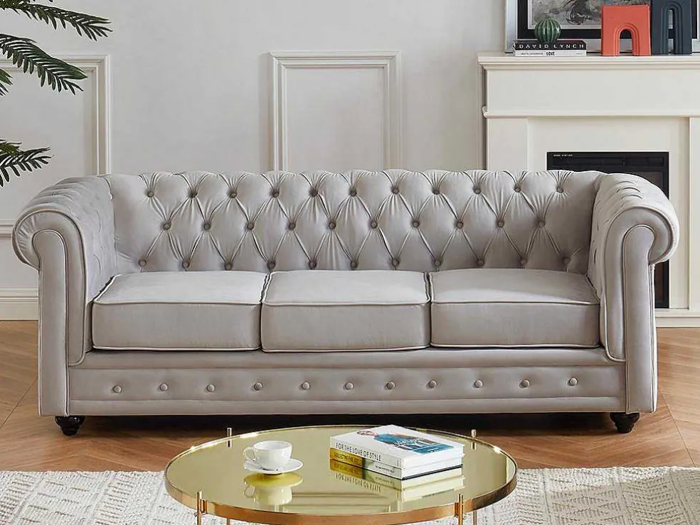 Driezitsbank Chesterfield - Fluweel - Licht Grijs