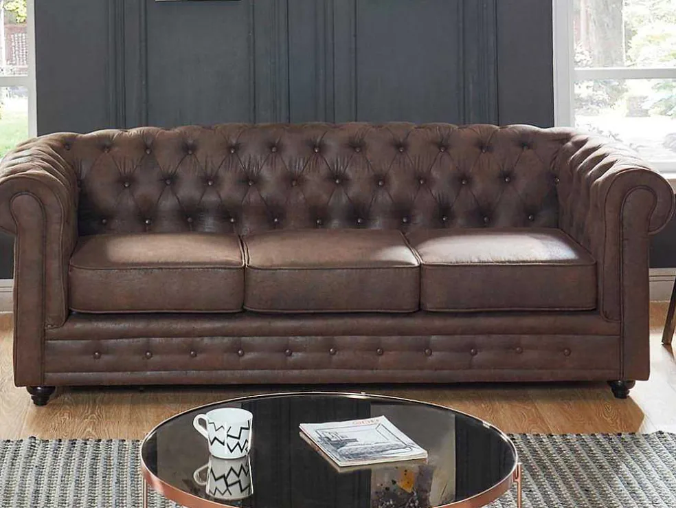Driezitsbank Chesterfield Van Microvezel Met Vintage Look