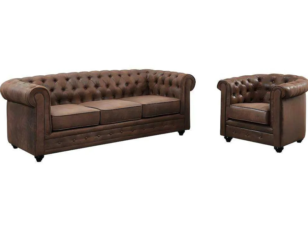 Driezitsbank En Fauteuil Chesterfield Van Microvezel Met Vintage Look