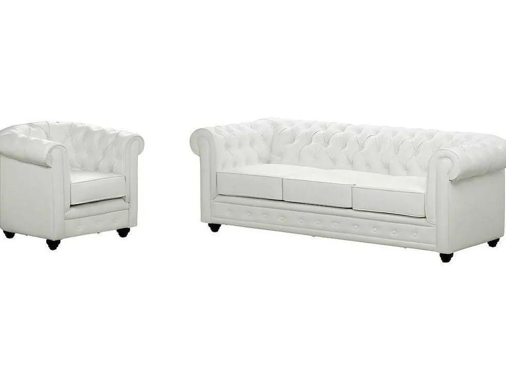 Driezitsbank En Fauteuil Chesterfield Van Kunstleer - Wit
