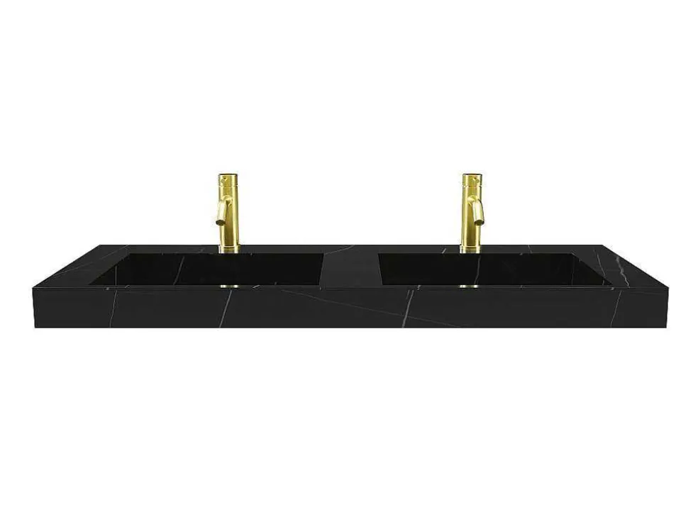 Dubbele Hangwasbak In Solid Surface Met De Look Van Zwart Marmer - L120,2 X B45,2 X H8 Cm - Takotna