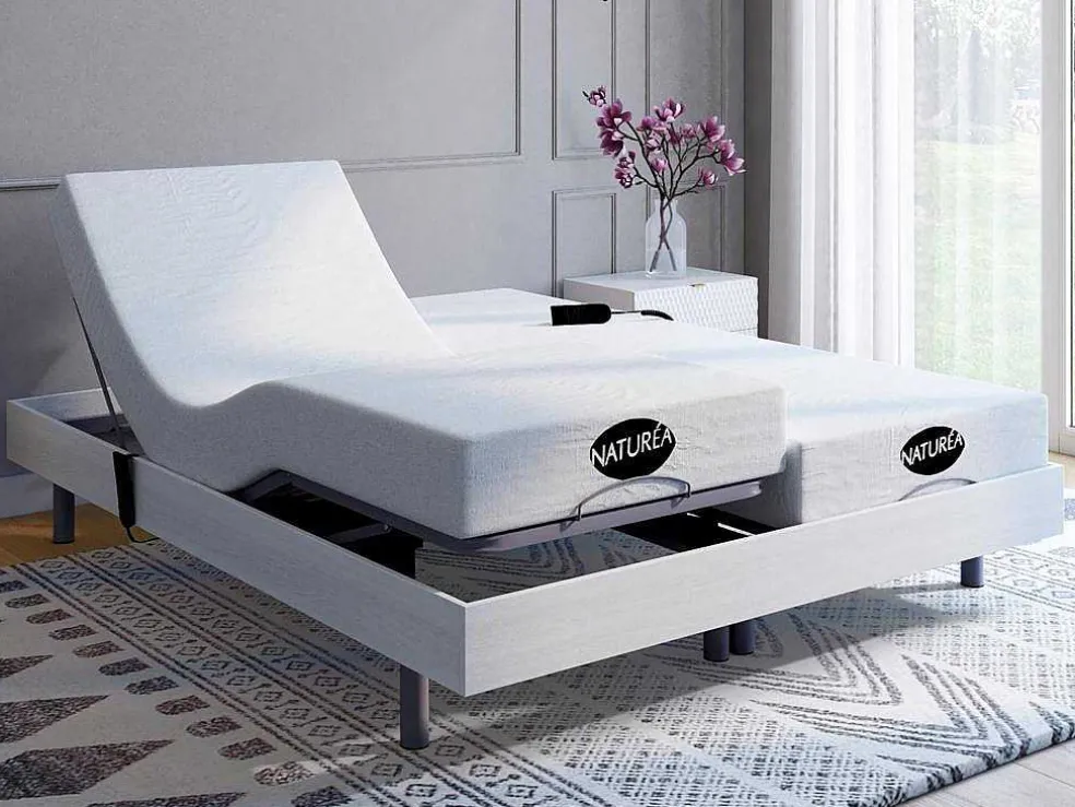 Elektrisch Bed - Bedbodem En Matras - Met Vormgeheugen En Bamboe Lysis Iii Van Naturea - Motoren Okin - 2 X 80 X 200 Cm - Wit