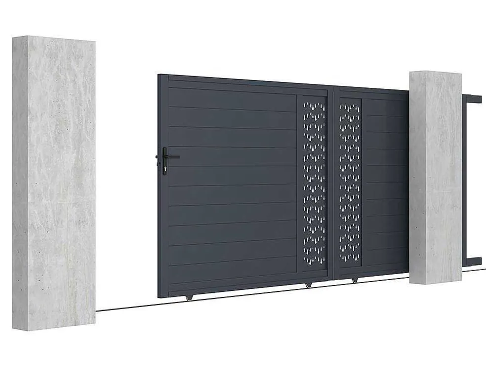 Elektrische Schuifpoort Van Aluminium Met Motieven - Halfopengewerkt - L.416 X H.180 Cm - Antraciet - Gregor