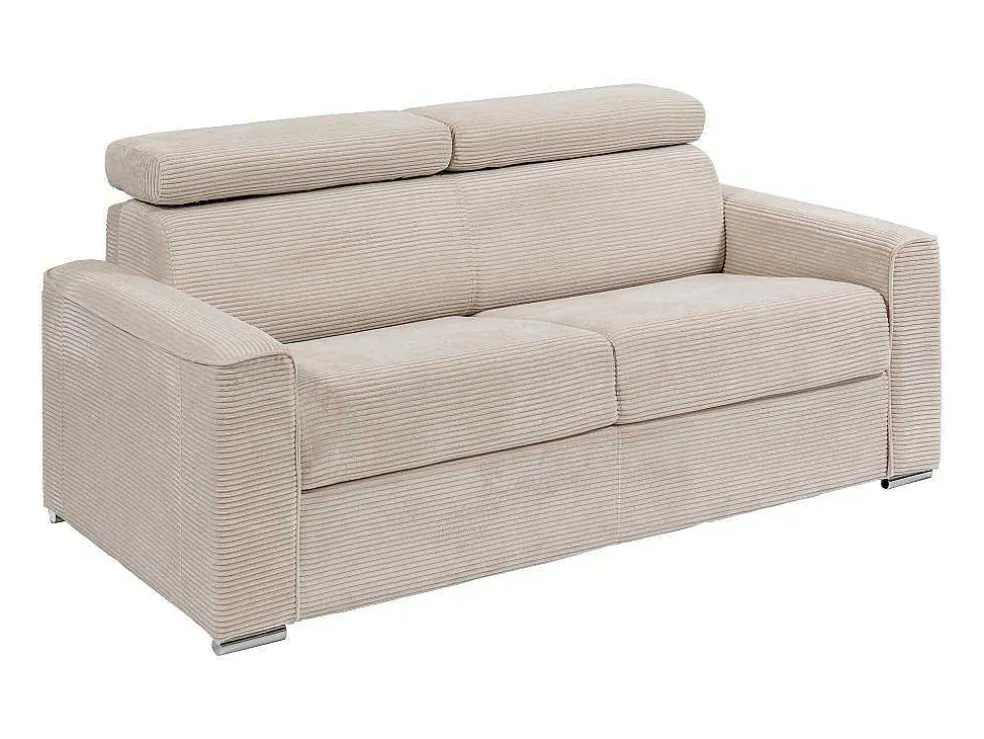 Express-Driezitsslaapbank Van Beige Ribfluweel - Bed Met Brede Latten 140 Cm - Matras 18 Cm - Vizir