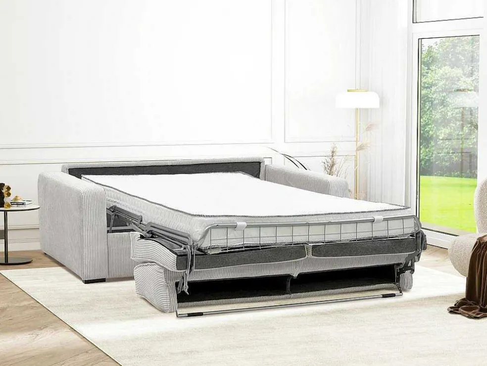 Express-Vierzitsslaapbank Van Beige Ribfluweel - Bed Met Brede Latten 160 Cm - Matras 18 Cm - Mondovi