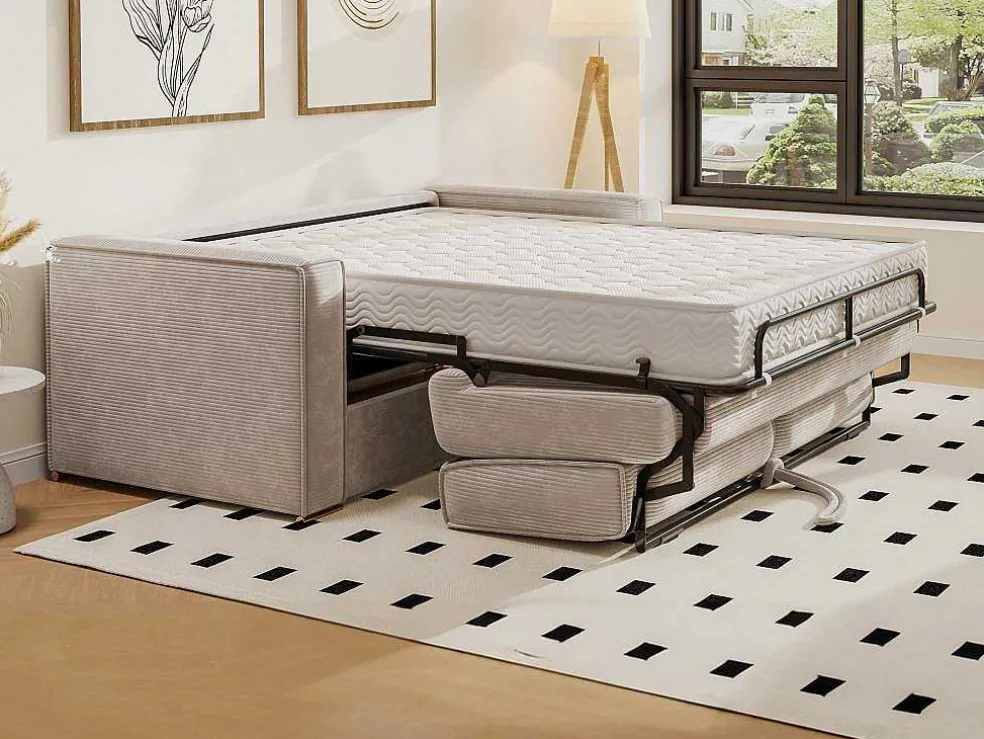 Express-Vierzitsslaapbank Van Beige Ribfluweel - Bed Met Brede Latten 160 Cm - Matras 22 Cm Loreto