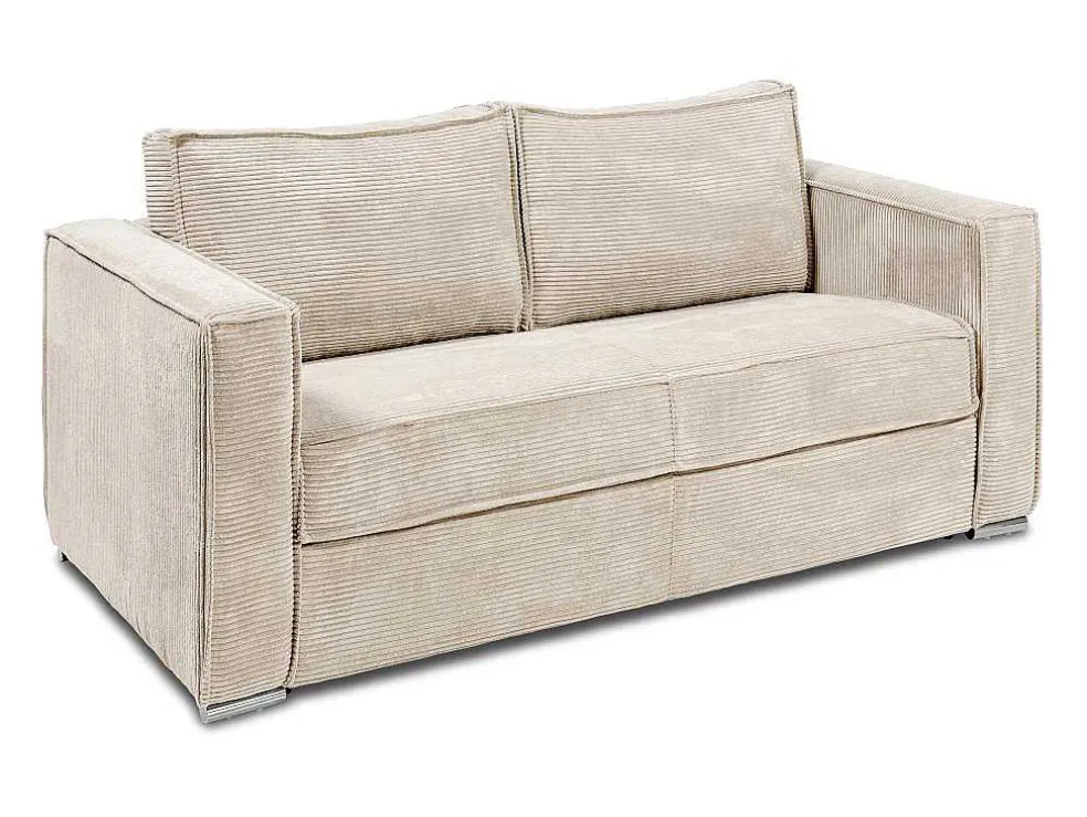 Express-Vierzitsslaapbank Van Beige Ribfluweel - Bed Met Brede Latten 160 Cm - Matras 22 Cm Loreto