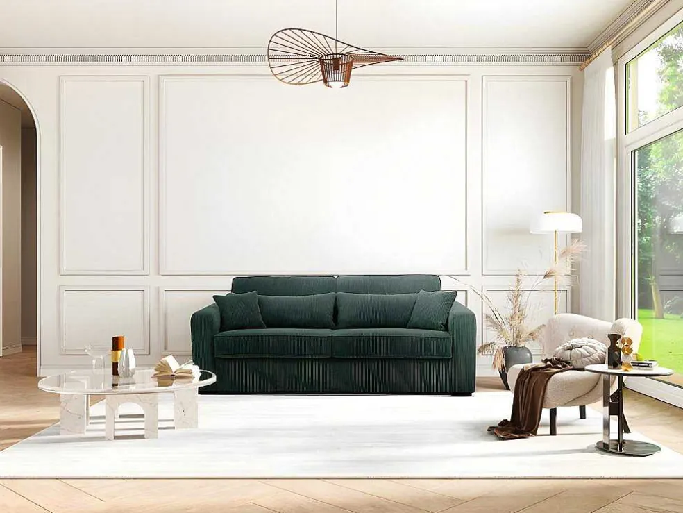 Express-Vierzitsslaapbank Van Groen Ribfluweel - Bed 160 Cm - Matras 18 Cm - Mondovi