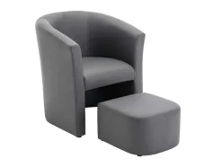 Fauteuil Met Holle Rugleuning En Poef In Grijs Kunstleer Jovana