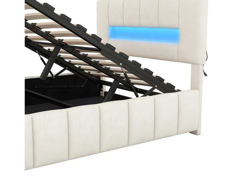 Fluwelen Opbergbed Met Led En Lattenbodem - 140X200Cm - Beige
