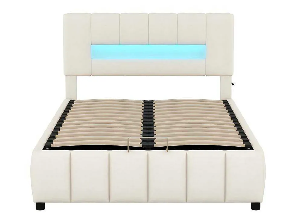 Fluwelen Opbergbed Met Led En Lattenbodem - 140X200Cm - Beige