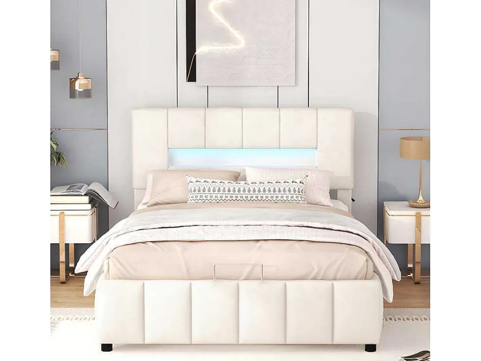 Fluwelen Opbergbed Met Led En Lattenbodem - 140X200Cm - Beige