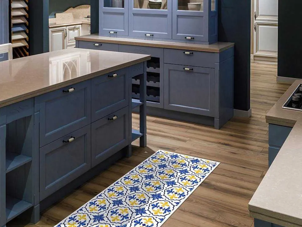 Gangtapijt Van Vinyl Met Cementtegeleffect - 66 X 160 Cm - Blauw En Geel - Florili