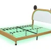 Gestoffeerd Bed Met Verstelbaar Hoofdbord 140 X 200 Cm - Led'S - Pu Leer - Geel + Bruin