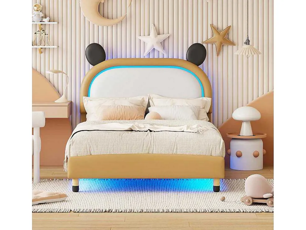 Gestoffeerd Bed Met Verstelbaar Hoofdbord 140 X 200 Cm - Led'S - Pu Leer - Geel + Bruin