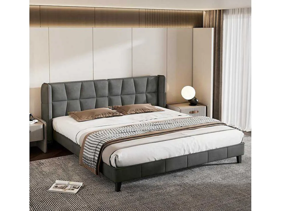 Gestoffeerd Bed 160X200Cm In Fluweel Met Lattenbodem - Grijs