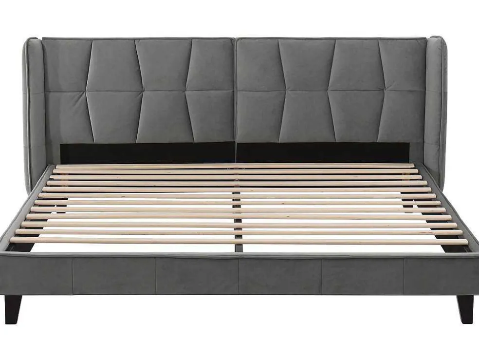 Gestoffeerd Bed 160X200Cm In Fluweel Met Lattenbodem - Grijs