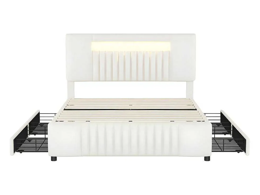 Gestoffeerd Bed 140X200Cm Met 4 Lades - Met Led + Usb Oplaadpoort + Lezer - Beige