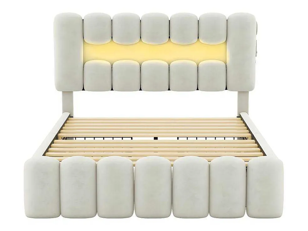 Gestoffeerd Bed 140X200Cm Met 4 Lades - Met Led + Usb Oplaadpoort + Lezer - Beige