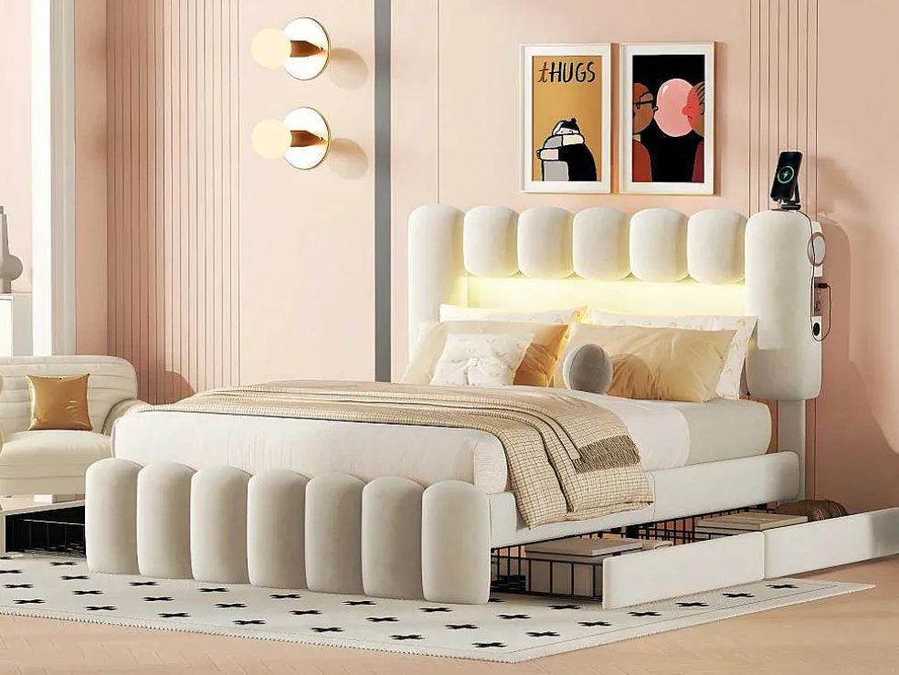 Gestoffeerd Bed 140X200Cm Met 4 Lades - Met Led + Usb Oplaadpoort + Lezer - Beige