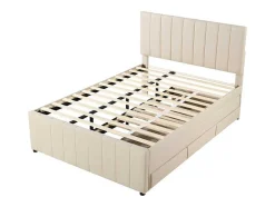 Gestoffeerd Linnen Bed 140X200Cm - Met Onderschuifbed Op Wielen En 3 Lades - Beige