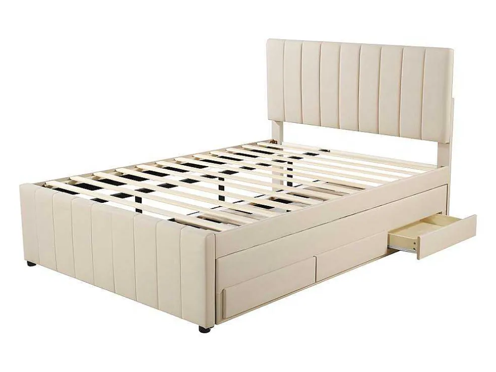 Gestoffeerd Linnen Bed 140X200Cm - Met Onderschuifbed Op Wielen En 3 Lades - Beige