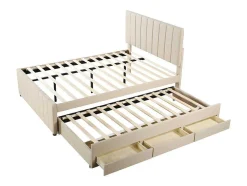 Gestoffeerd Linnen Bed 140X200Cm - Met Onderschuifbed Op Wielen En 3 Lades - Beige