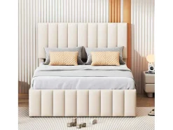 Gestoffeerd Linnen Bed 140X200Cm - Met Onderschuifbed Op Wielen En 3 Lades - Beige