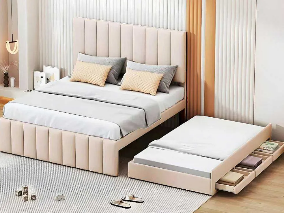 Gestoffeerd Linnen Bed 140X200Cm - Met Onderschuifbed Op Wielen En 3 Lades - Beige
