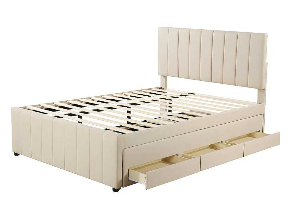 Gestoffeerd Linnen Bed 140X200Cm - Met Onderschuifbed Op Wielen En 3 Lades - Beige