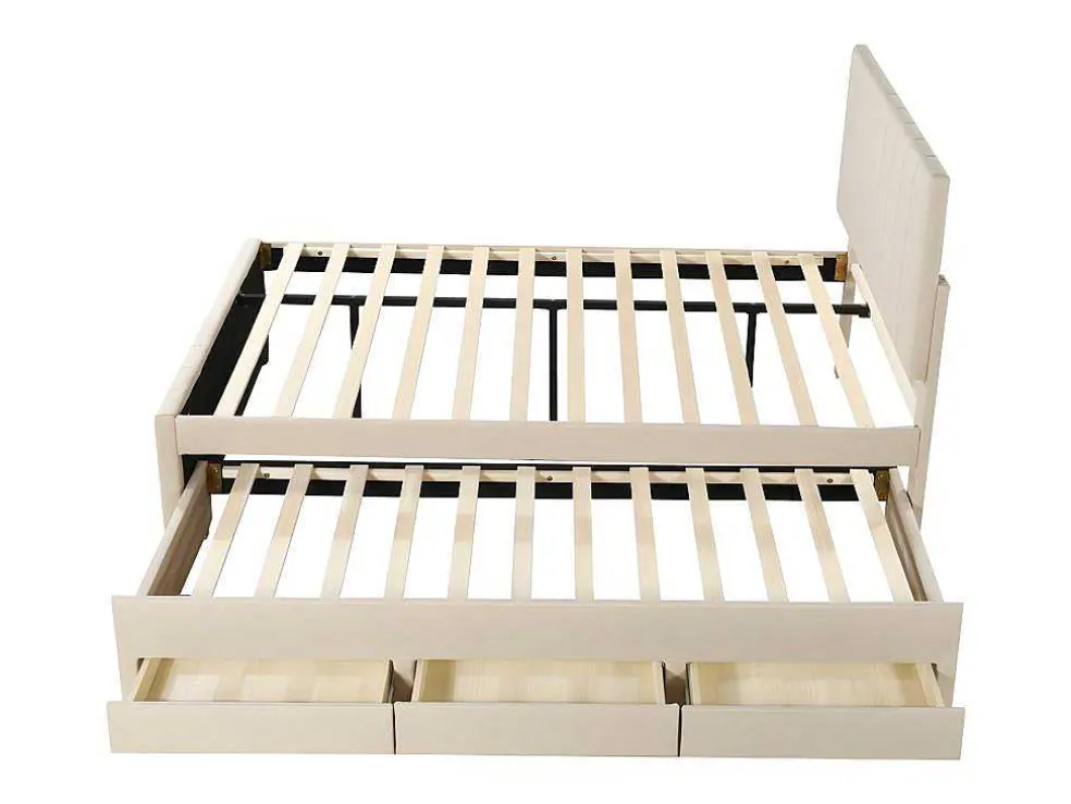 Gestoffeerd Linnen Bed 140X200Cm - Met Onderschuifbed Op Wielen En 3 Lades - Beige
