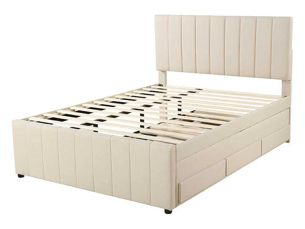Gestoffeerd Linnen Bed 140X200Cm - Met Onderschuifbed Op Wielen En 3 Lades - Beige