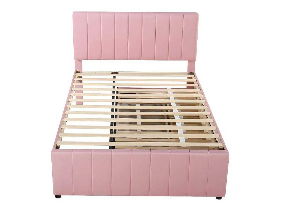 Gestoffeerd Linnen Bed 140X200Cm - Met Onderschuifbed Op Wielen En 3 Lades - Roze