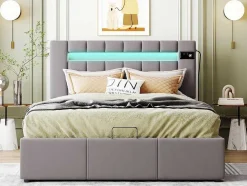 Gestoffeerd Opbergbed 140X200Cm - Fluwelen Stof - Met Led En Bluetooth Speler - Grijs
