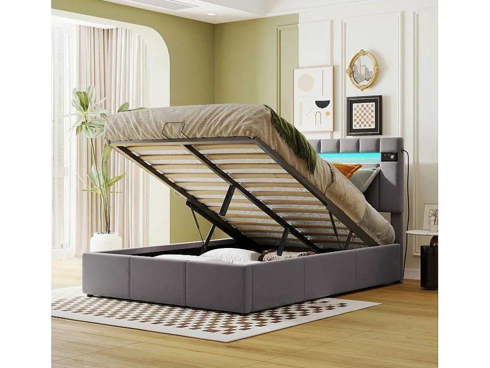 Gestoffeerd Opbergbed 140X200Cm - Fluwelen Stof - Met Led En Bluetooth Speler - Grijs