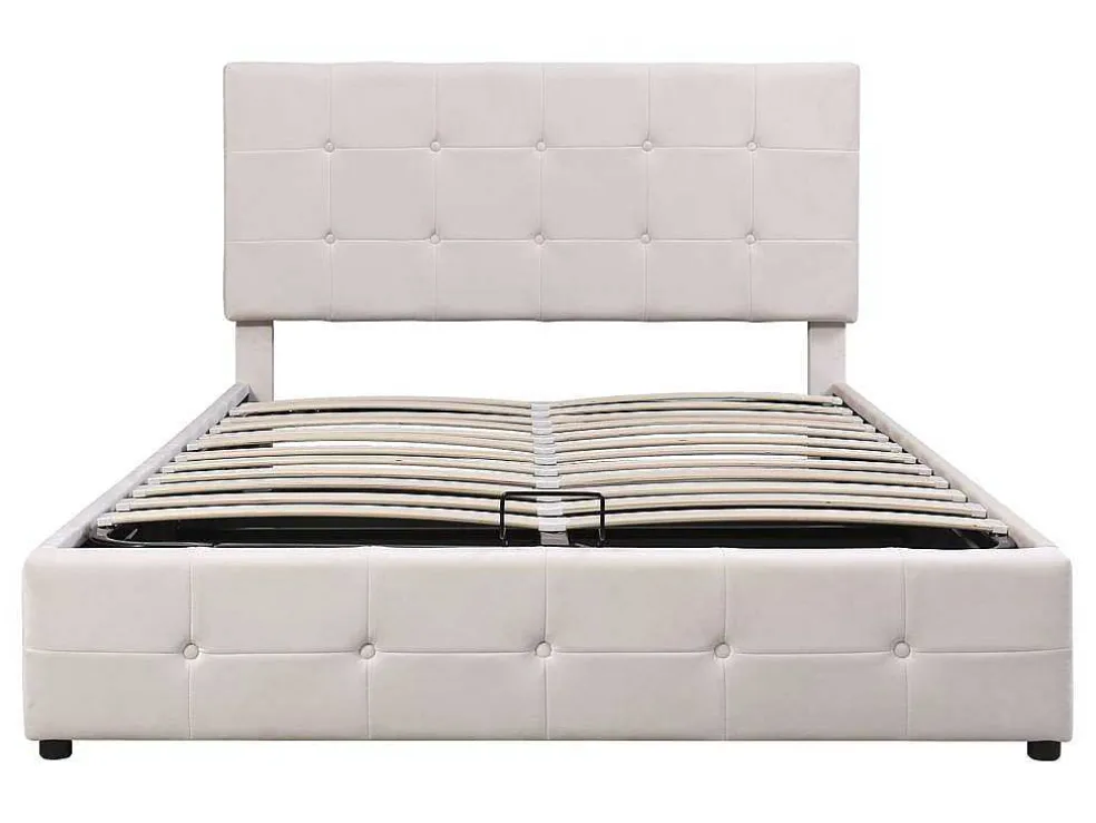 Gestoffeerd Opbergbed - 140X200Cm - Fluwelen Stof - Verstelbaar Blokpatroon Hoofdeinde - Creme
