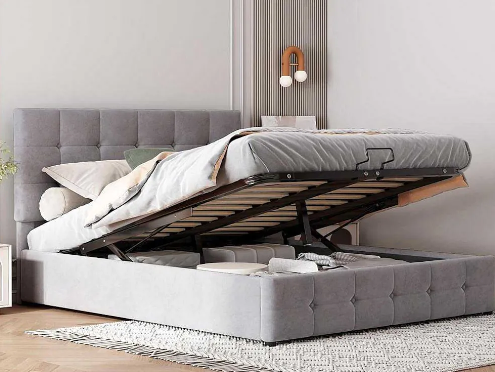 Gestoffeerd Opbergbed - 140X200Cm - Fluwelen Stof - Verstelbaar Hoofdeinde Met Blokpatroon - Grijs