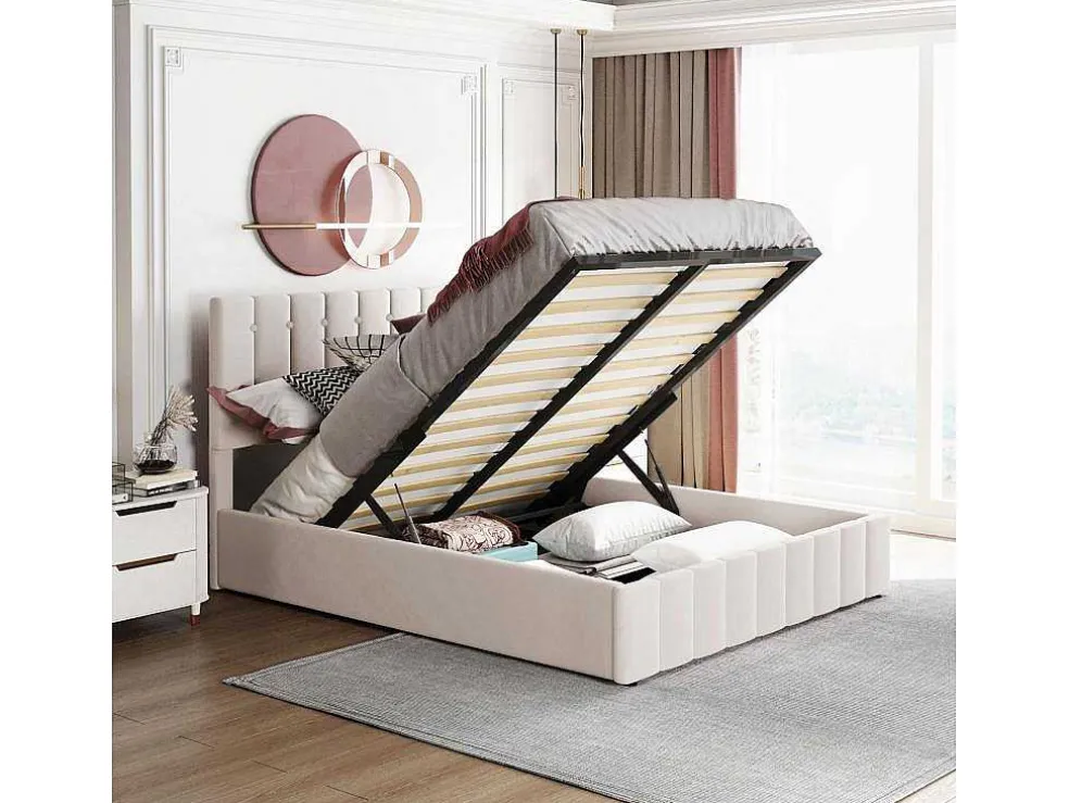 Gestoffeerd Opbergbed - 140X200Cm - Stof Fluweel - Beige