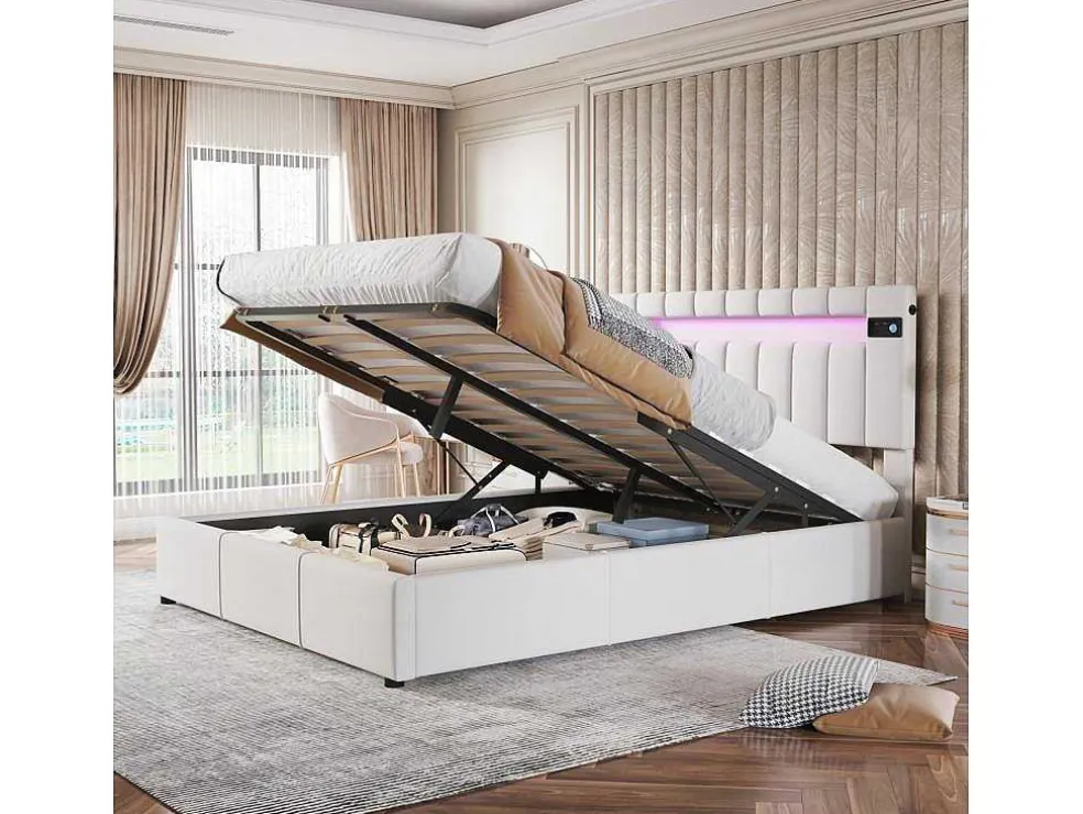 Gestoffeerd Opbergbed 140X200Cm - Stof Fluweel - Met Led En Bluetooth Speler - Beige