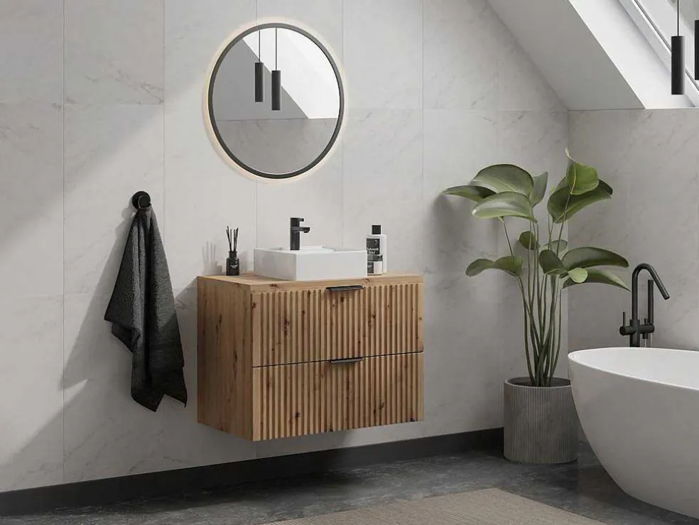Gestreept Hangend Meubel Onder Wastafel - Licht Naturel - L80 Cm - Zevara