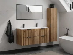 Gestreept Hangmeubel Voor Badkamer Met Inbouwwastafel - Licht Naturel - 120 Cm - Zevara