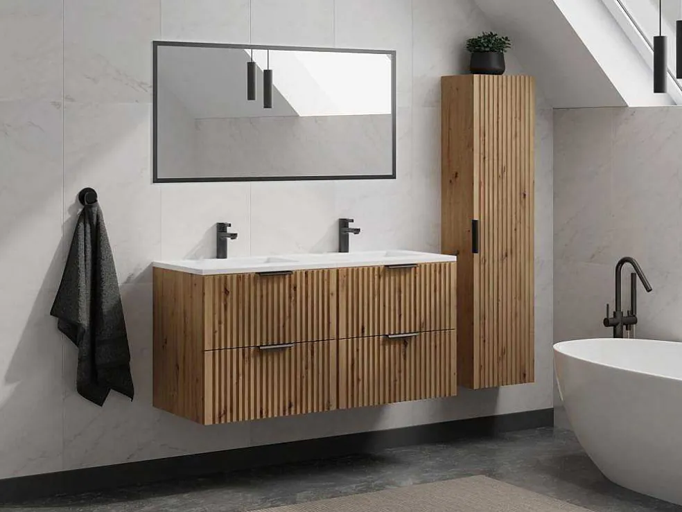 Gestreept Hangmeubel Voor Badkamer Met Inbouwwastafel - Licht Naturel - 120 Cm - Zevara