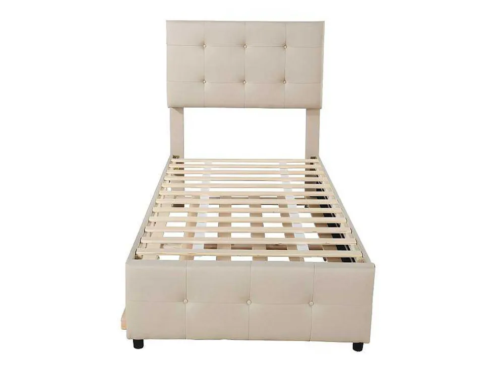 Getuft Onderschuifbed 90X200Cm - Verstelbaar Hoofdeinde - Linnen Stof - Beige