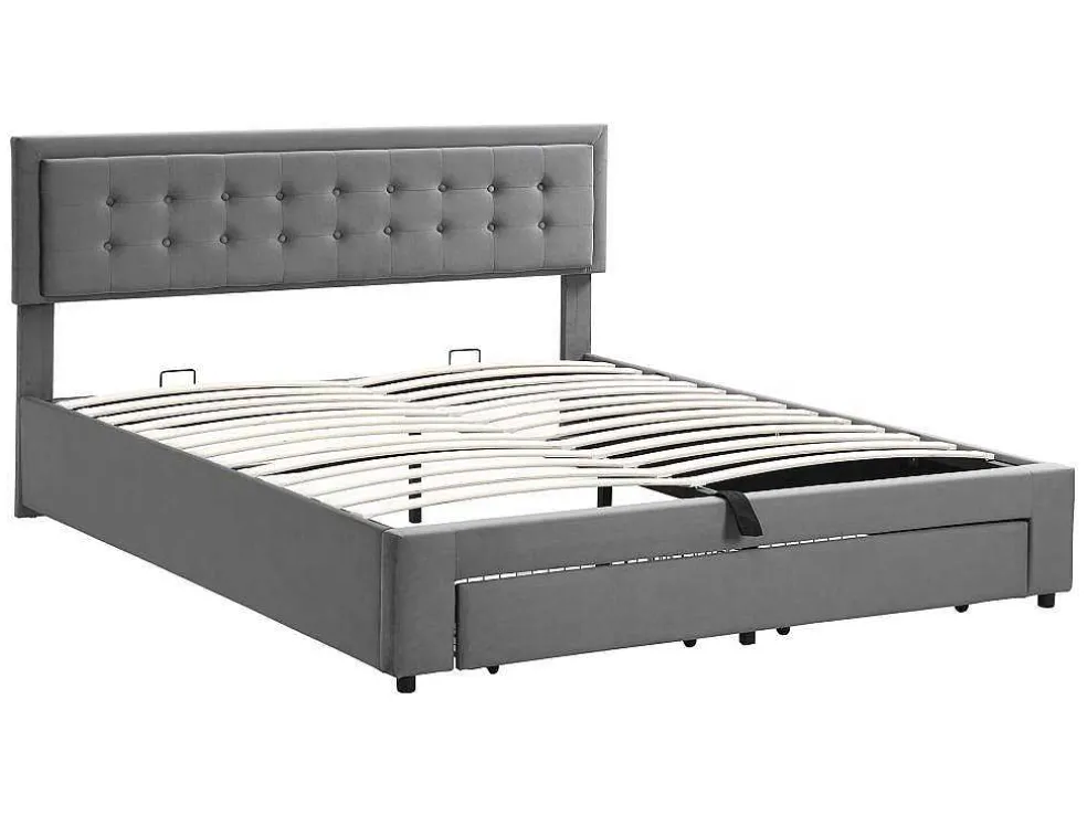 Gewatteerd Opbergbed 160X200Cm In Fluweel Met Lade + Lattenbodem - Grijs (Zonder Matras)